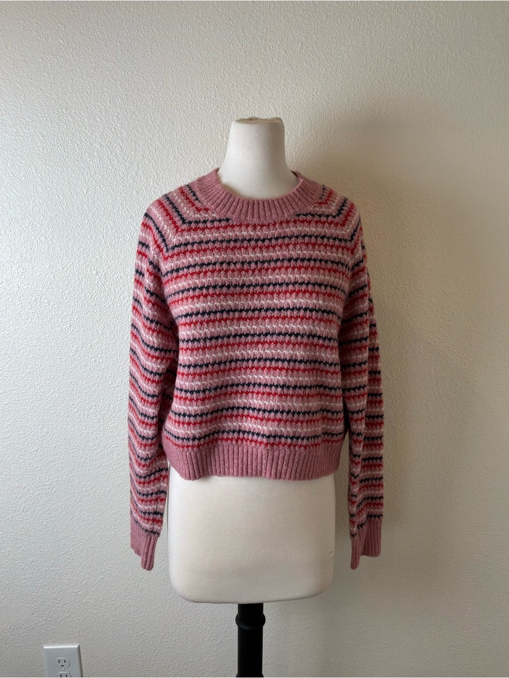 Sundry Pink Striped Crewneck Sweater with Red & Black Accents